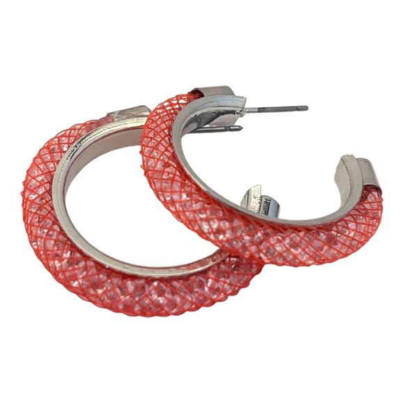 New Boutique Earrings Silver Tone Hoop Red Mesh Crystals Dust 13H - Picture 2 of 4